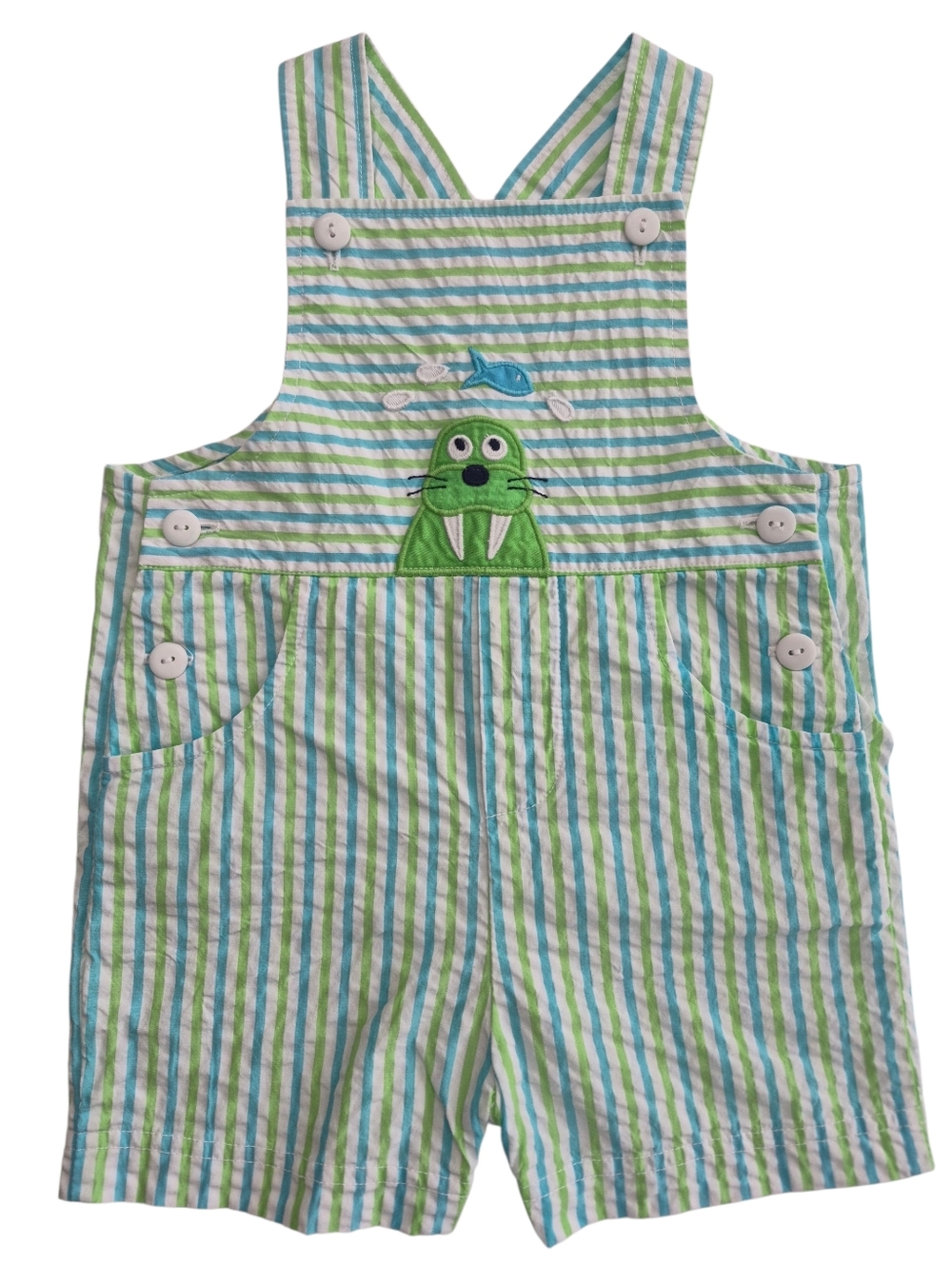 Florence Eiseman Striped Green & Blue Overalls with Walrus Applique, Sz 18M